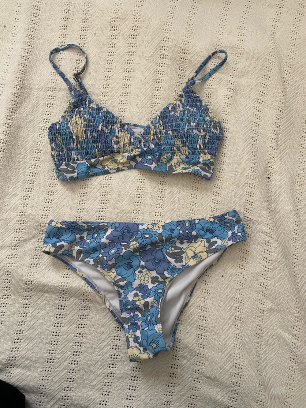 ROMWE White Lined Bikini with Blue Floral Trim